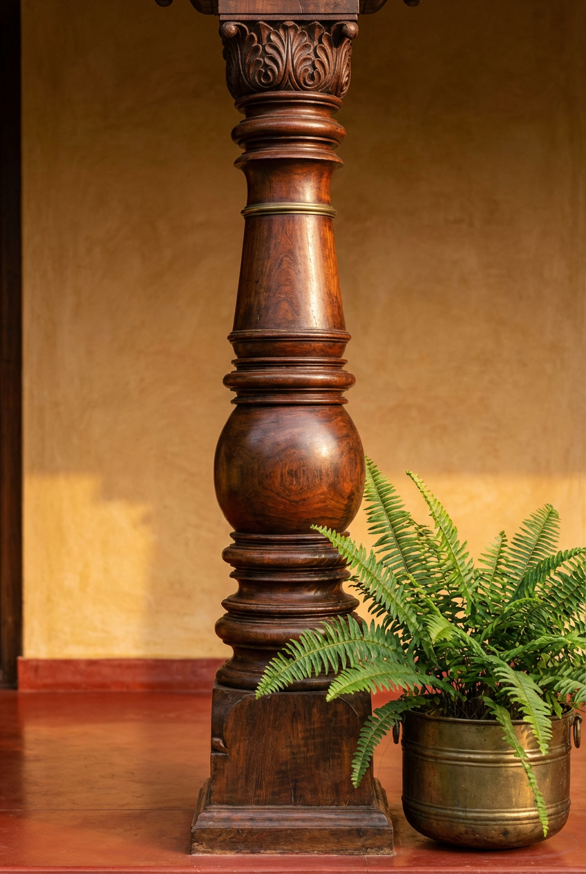 Carved teak column with traditional motifs