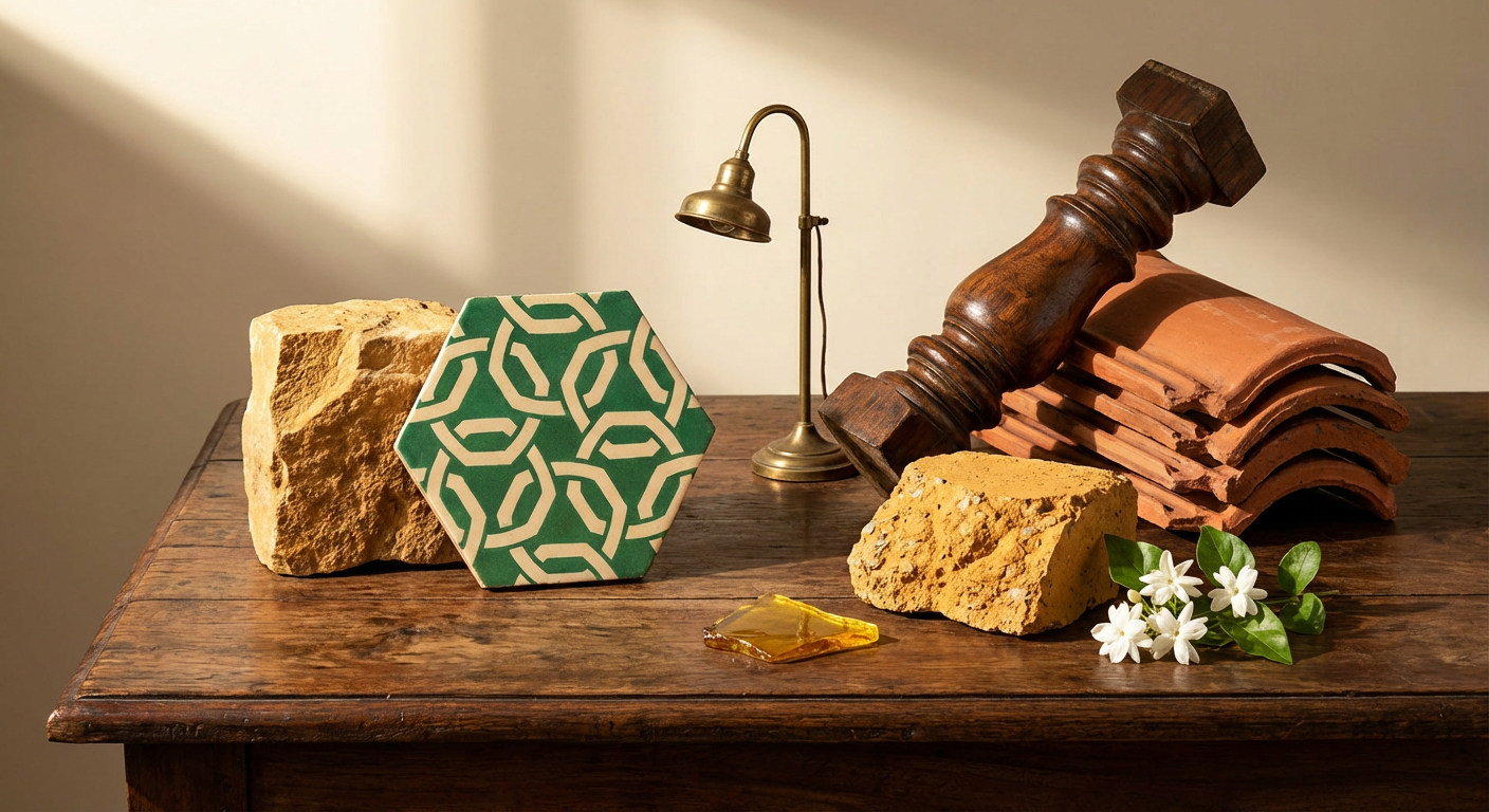 Raw materials: lime, teak, brass fittings laid out