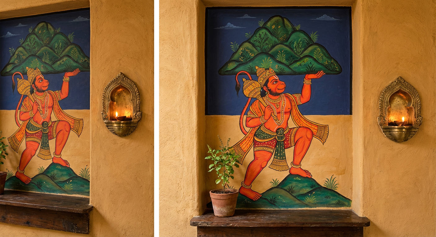 Detail of a Ramayana mural painted on a lime plaster wall