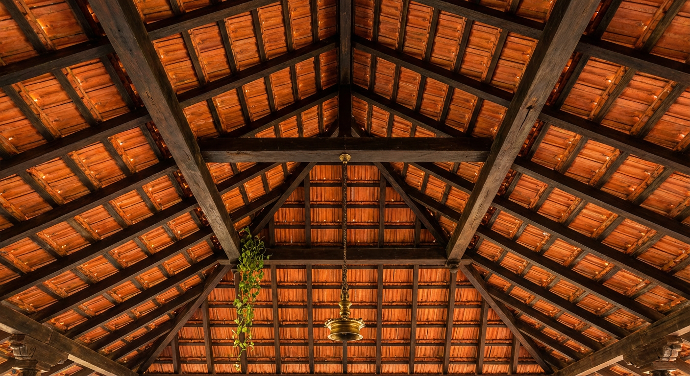 Mangalore tile ceiling seen from below, warm clay geometry