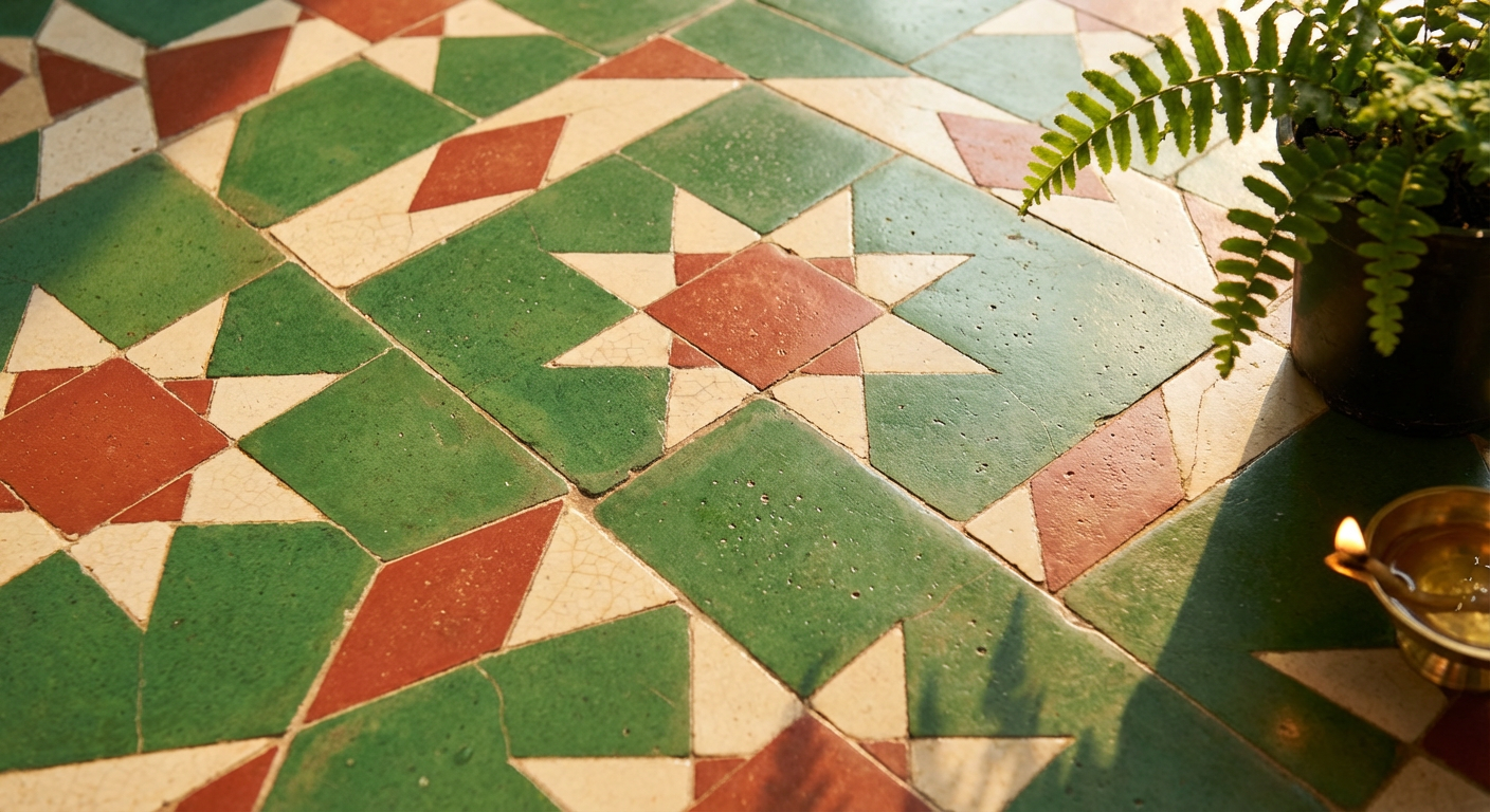 Hand-poured Athangudi tiles with geometric patterns