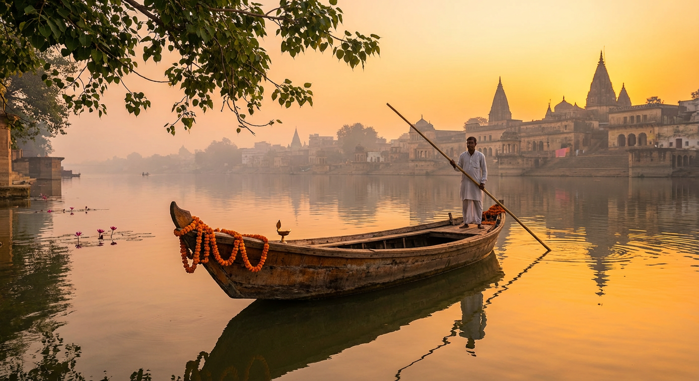 A wooden boat on the Saryu river at dusk