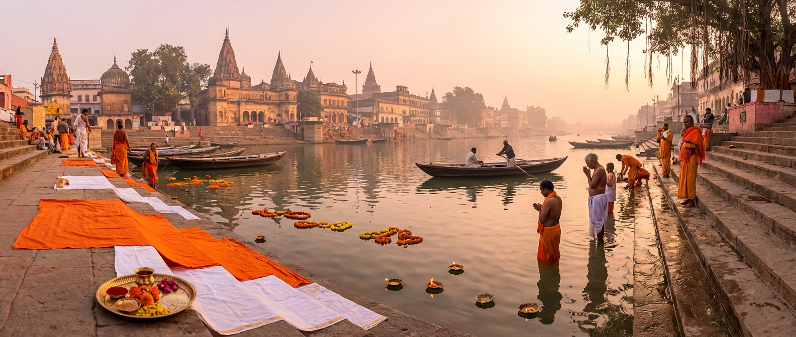 Saryu ghats at sunrise, stone steps descending into still water