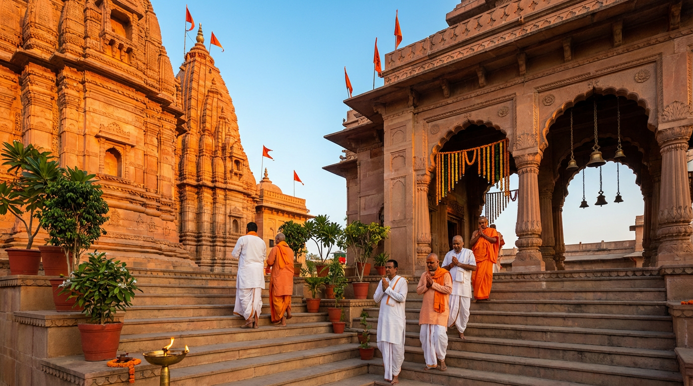 Ram Mandir at dawn, stone and sandstone glowing in first light