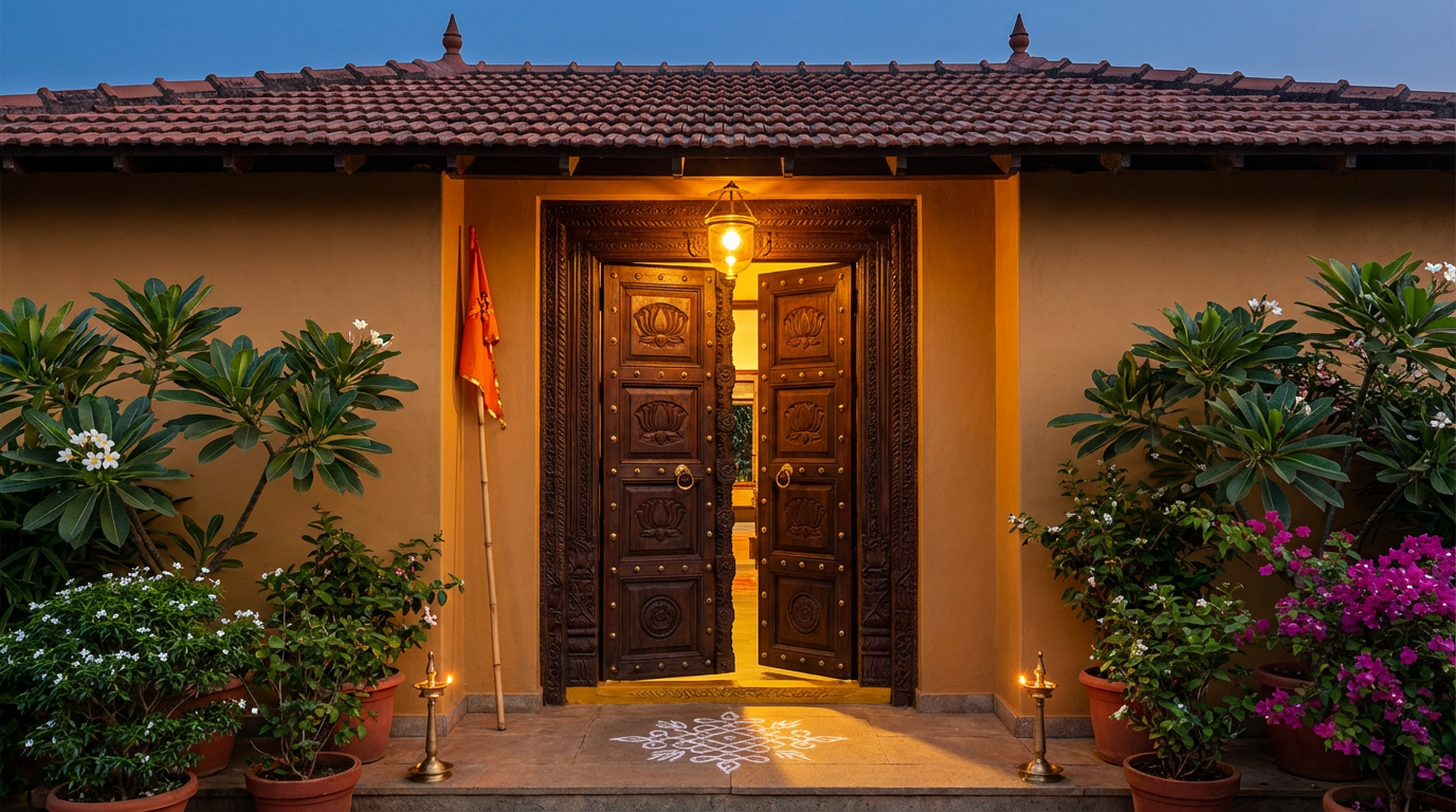 The entrance doorway of the homestay, brass threshold, warm light inside