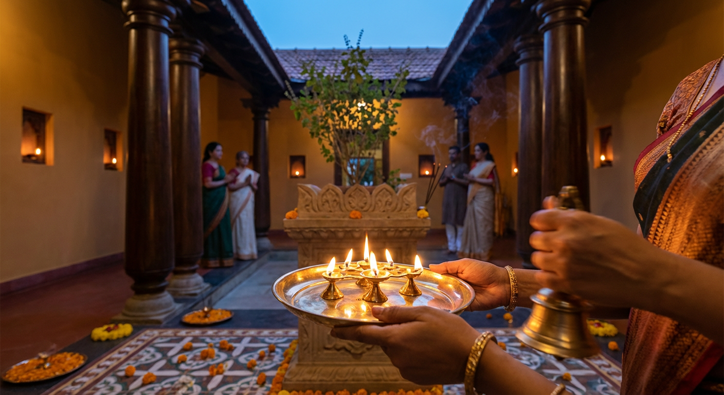 Morning aarti with brass lamp at the Tulsi Vrindavan