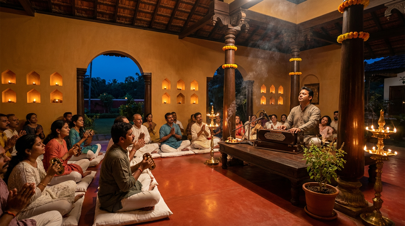 Prabhati kirtan with harmonium in the mandap