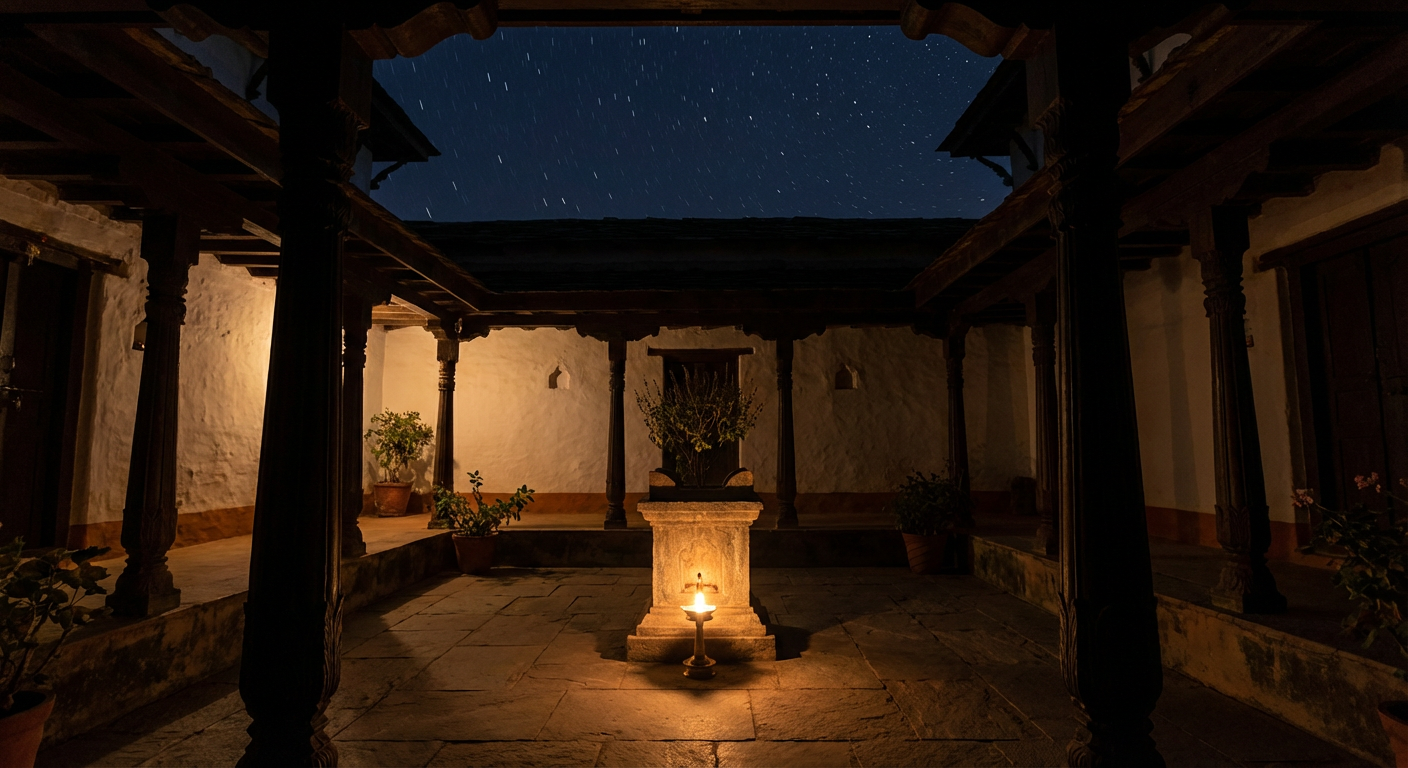 An oil lamp burning at the Tulsi in the courtyard after nine