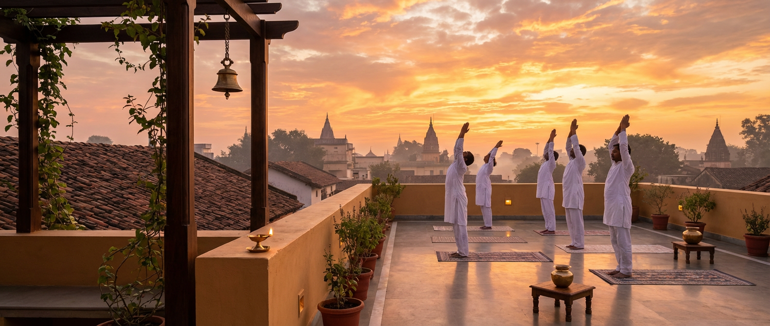 Morning yoga on the terrace as the sun rises over Ayodhya