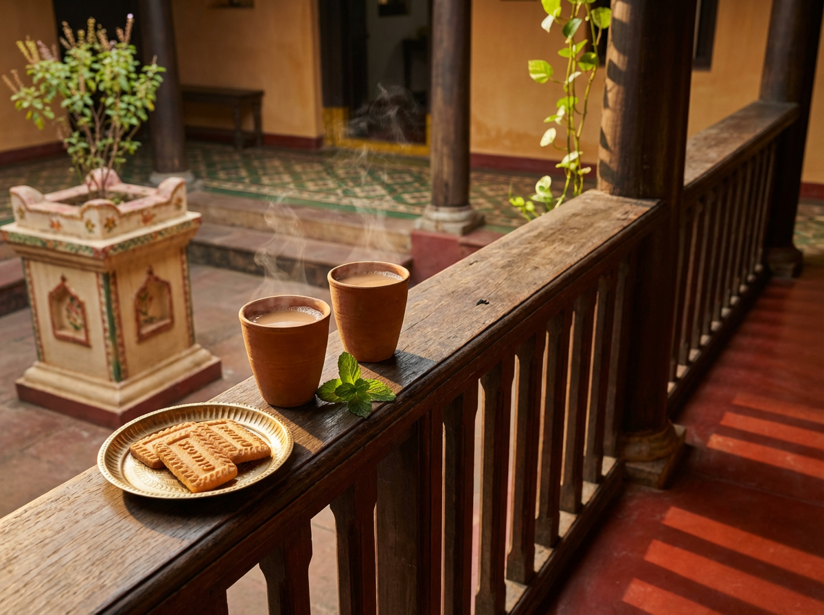 Morning chai on the verandah ledge — the daily ritual of a long-stay guest