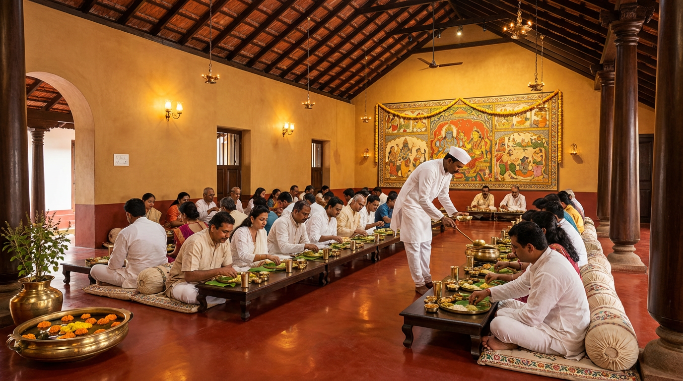 Floor dining with kansa thali and pattal leaves