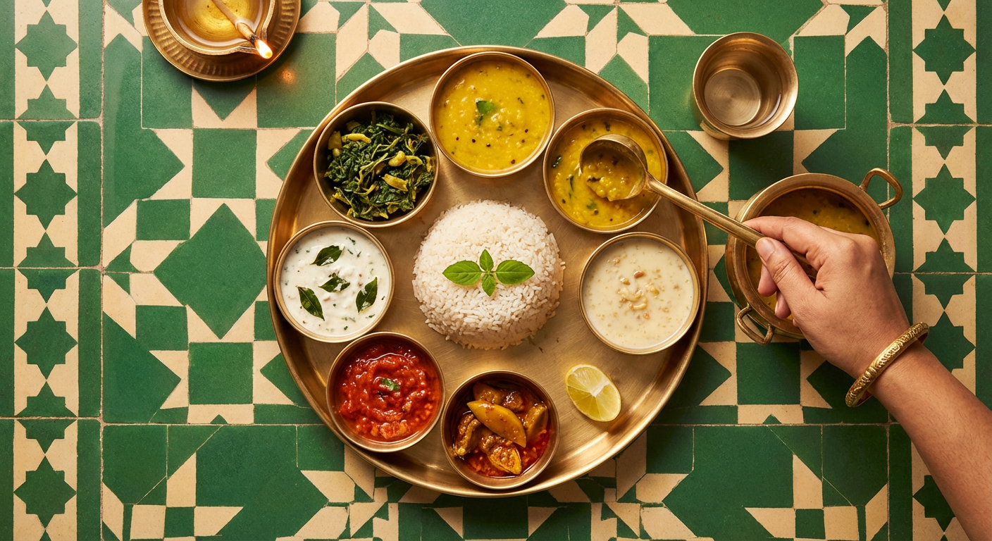 Sattvic thali served on the floor on a pattal leaf