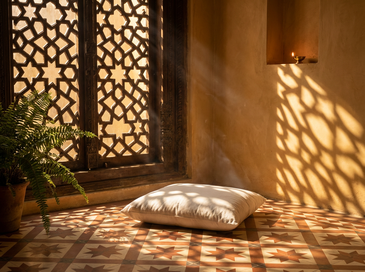 Afternoon light through stone jali screen