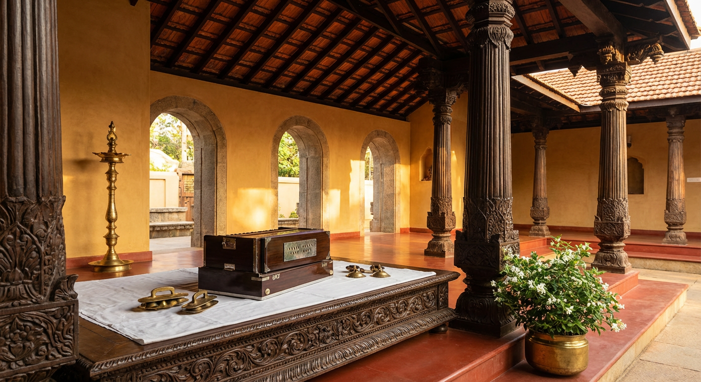 A harmonium and tabla resting in a quiet corner