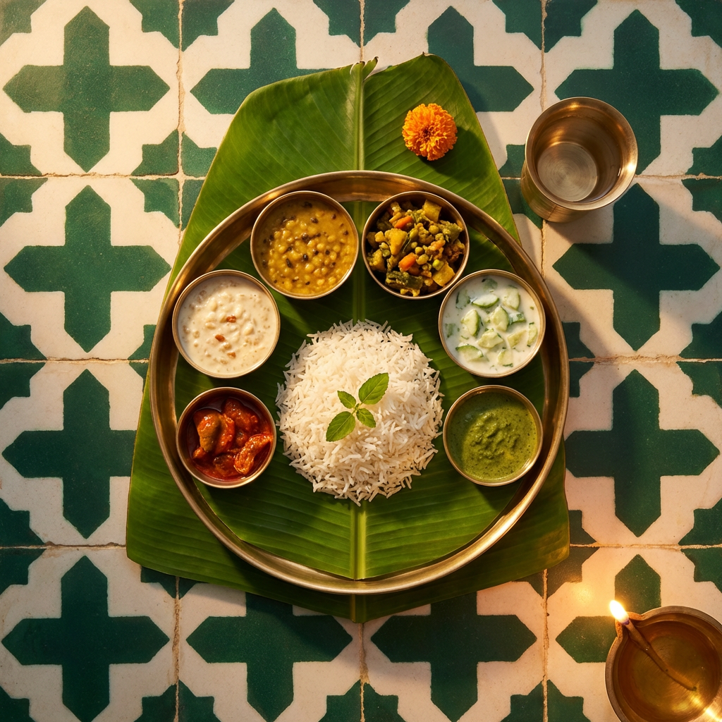 A sattvic thali served on a pattal leaf on the floor