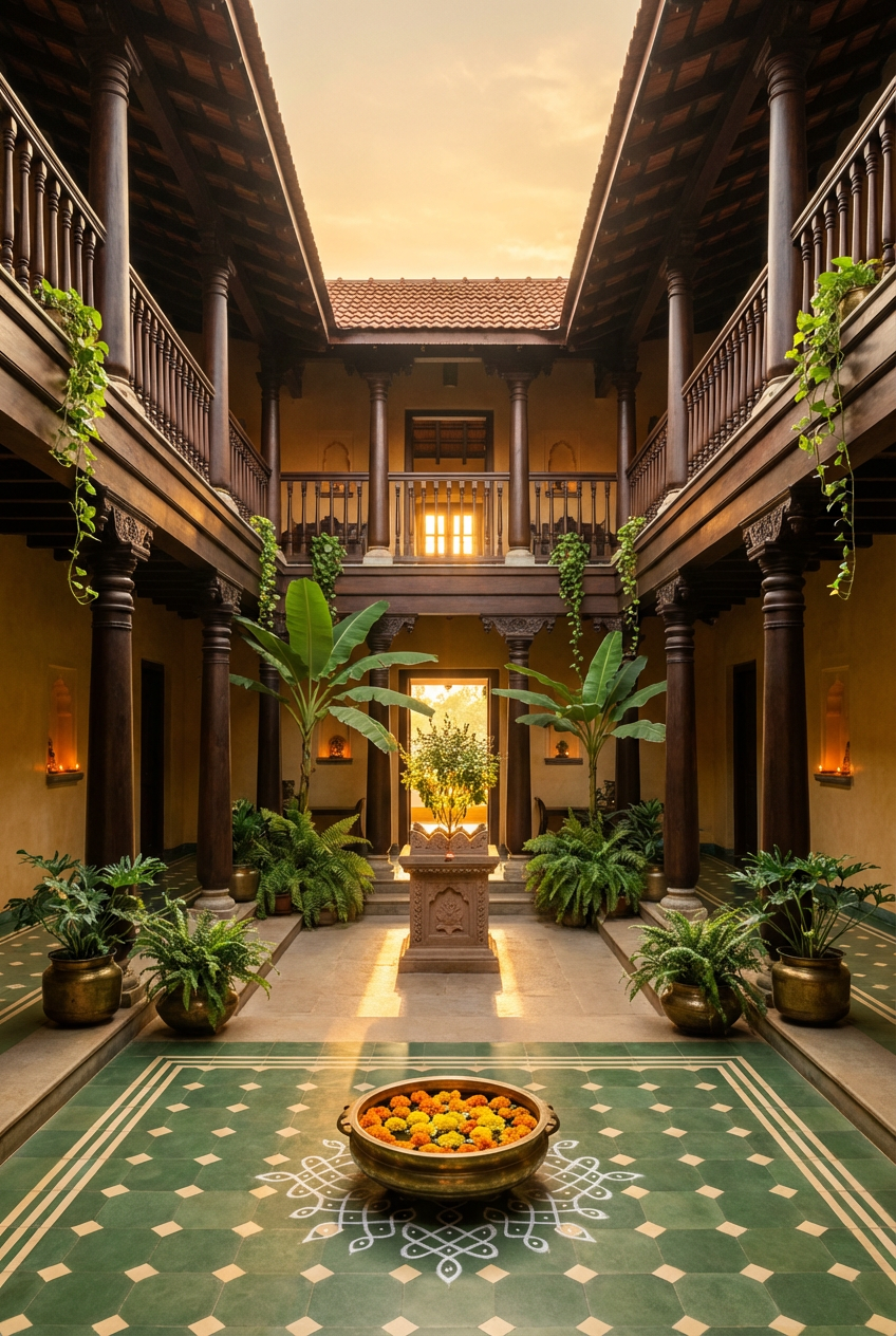 A warm courtyard lit by oil lamps at dusk in Ayodhya