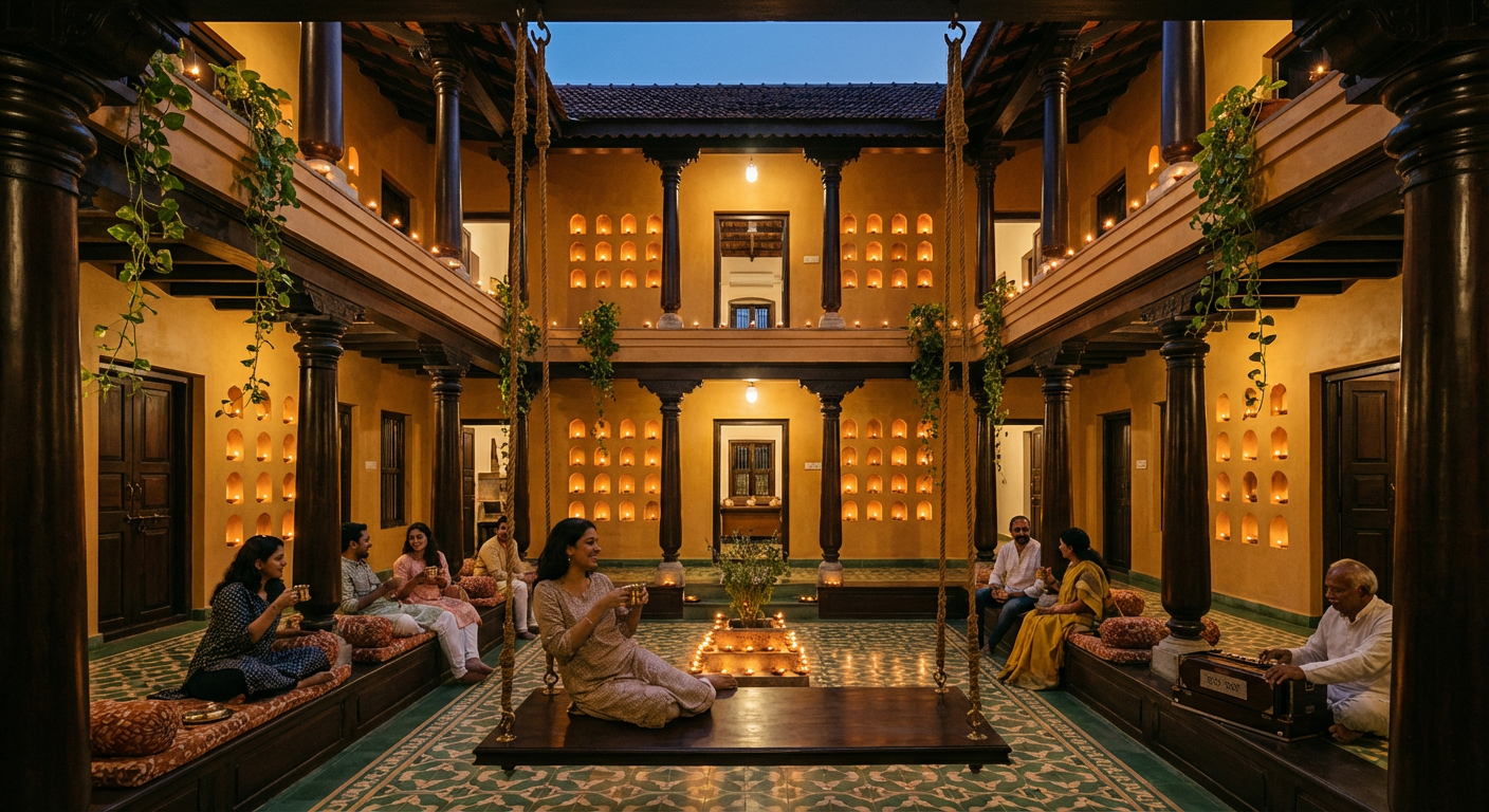 Long-stay guests gathered in the courtyard in the evening