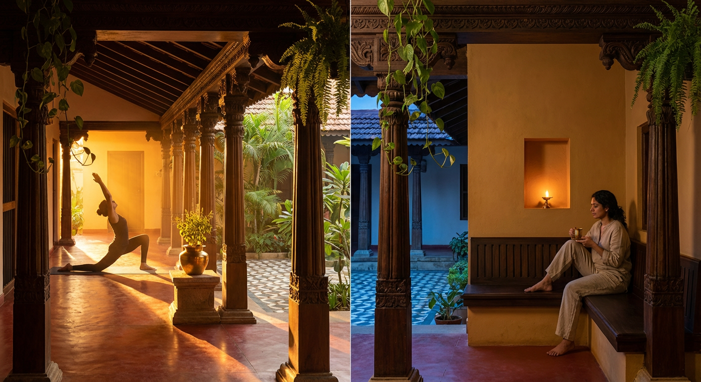 Diptych — morning yoga at sunrise and evening chai at dusk on the terrace
