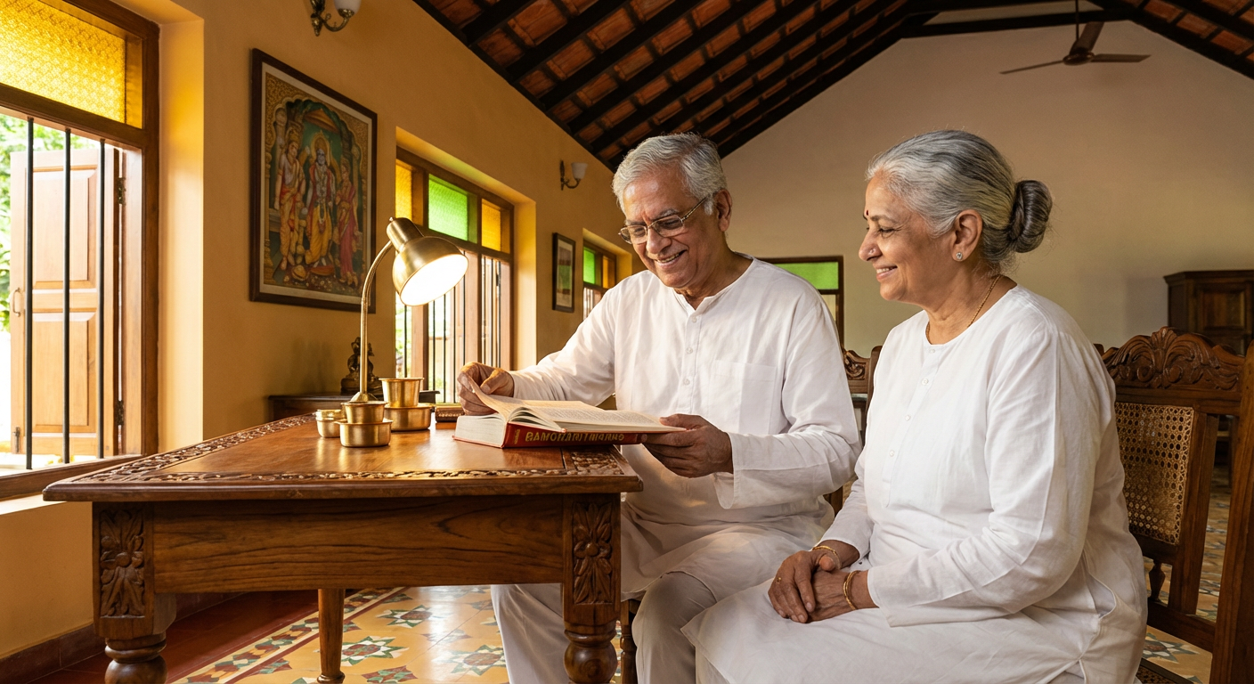 A couple reading together at a teak desk by a coloured glass window