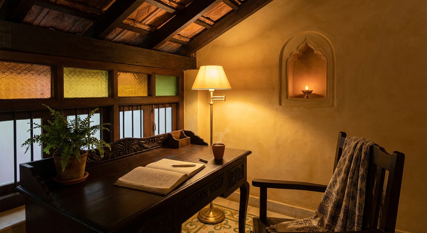 A clean room with a teak bed, brass lamp, and lime walls