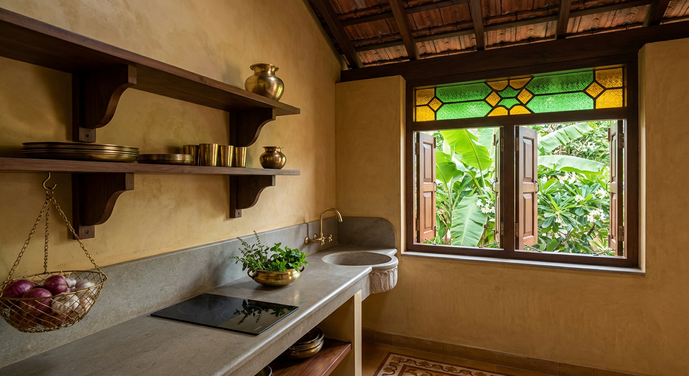 Kitchenette detail — teak shelves, brass plates, stone counter