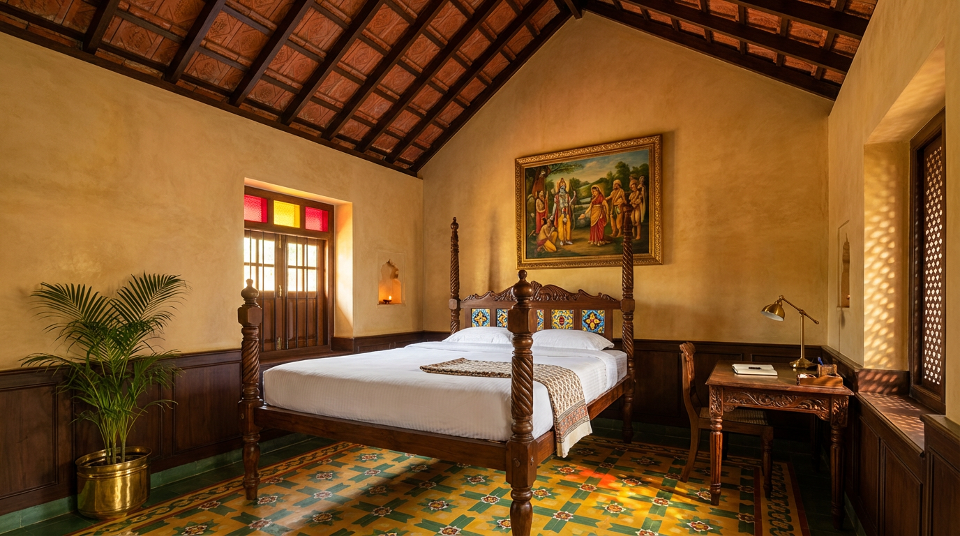 A studio room with carved teak bed, Ramayana painting, and Mangalore tile ceiling