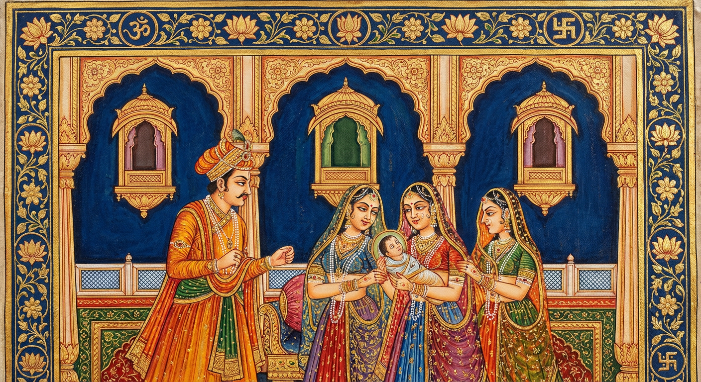 Rajasthani miniature — Janmotsav, the royal birth celebration of Shri Ram