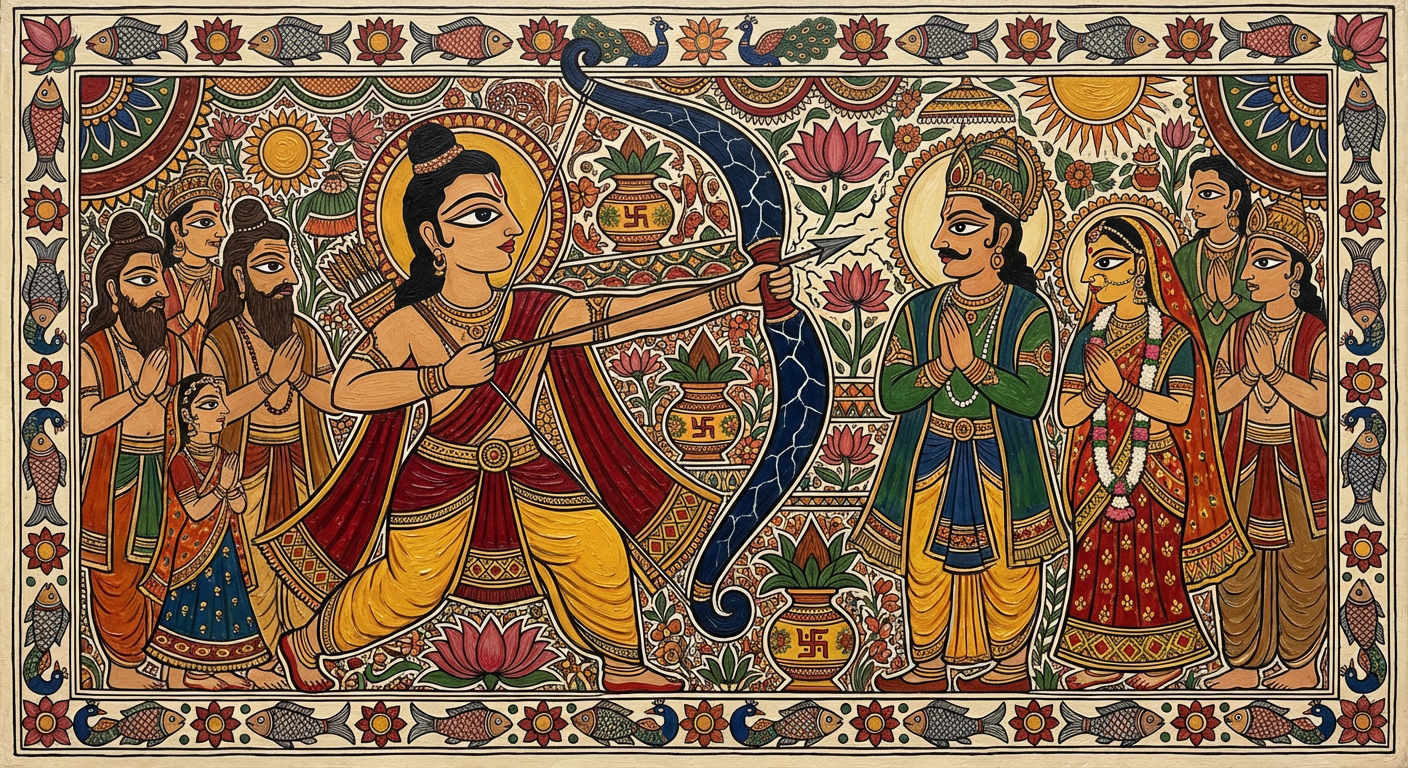 Madhubani painting of Sita Swayamvar — Shri Ram breaking the divine bow