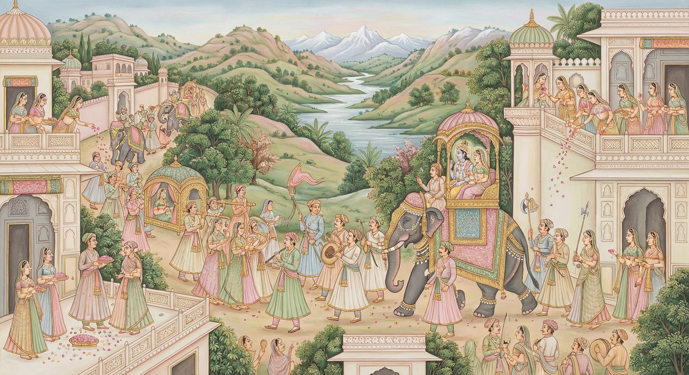 Pahari miniature — Baraat, the divine wedding procession of Shri Ram and Mata Sita