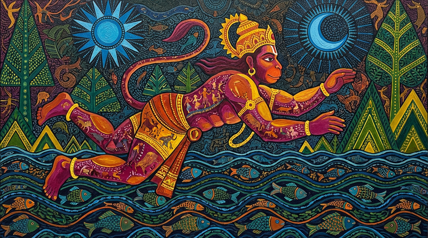 Gond tribal art — Sundarkand, Shri Hanuman leaping across the ocean