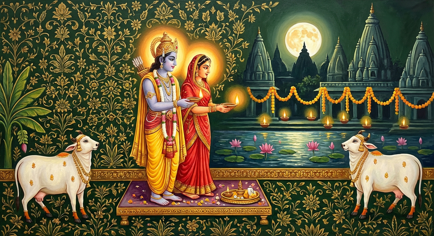 Pichwai painting — Bhakti, devotional offering by the sacred riverside in moonlight