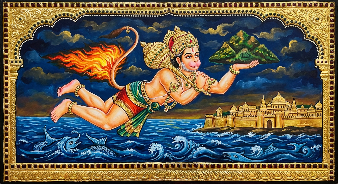 Tanjore painting — Sanjeevani, Shri Hanuman carrying the mountain over the ocean
