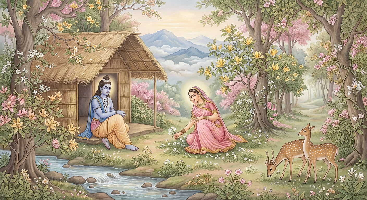 Kangra miniature — Vanvas, Shri Ram and Mata Sita in the peaceful forest hermitage