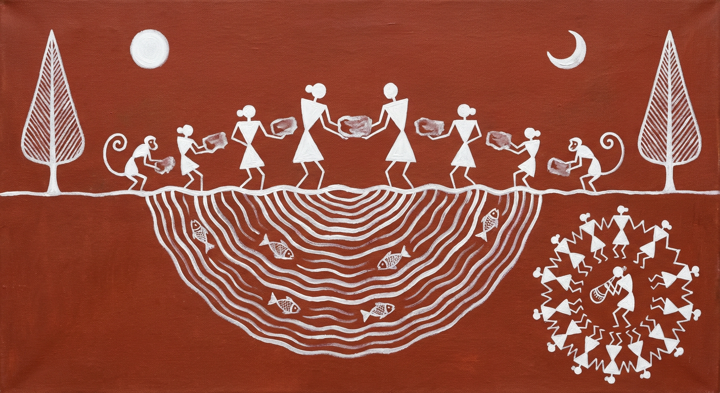 Warli tribal art depicting the building of Ram Setu