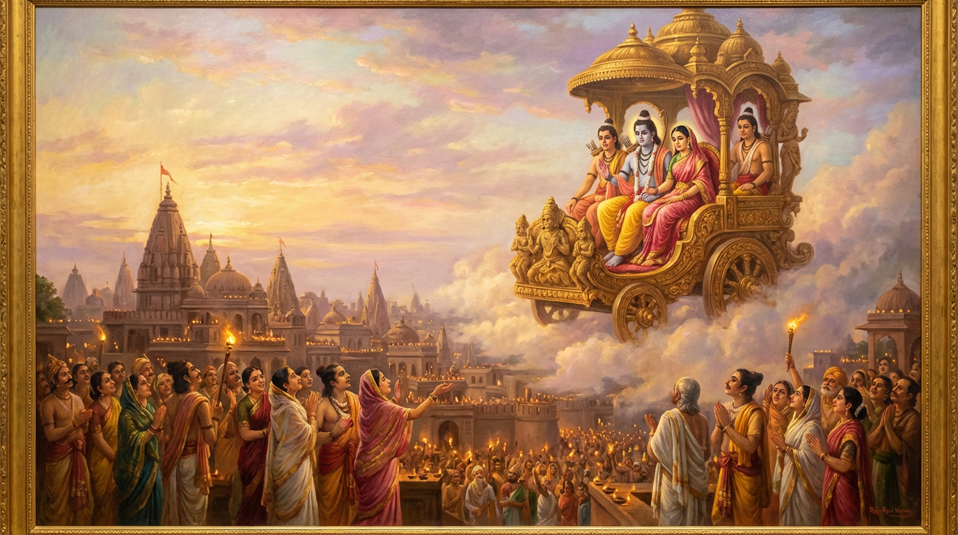 Raja Ravi Varma — Pushpak, Shri Ram returning to Ayodhya on the celestial chariot