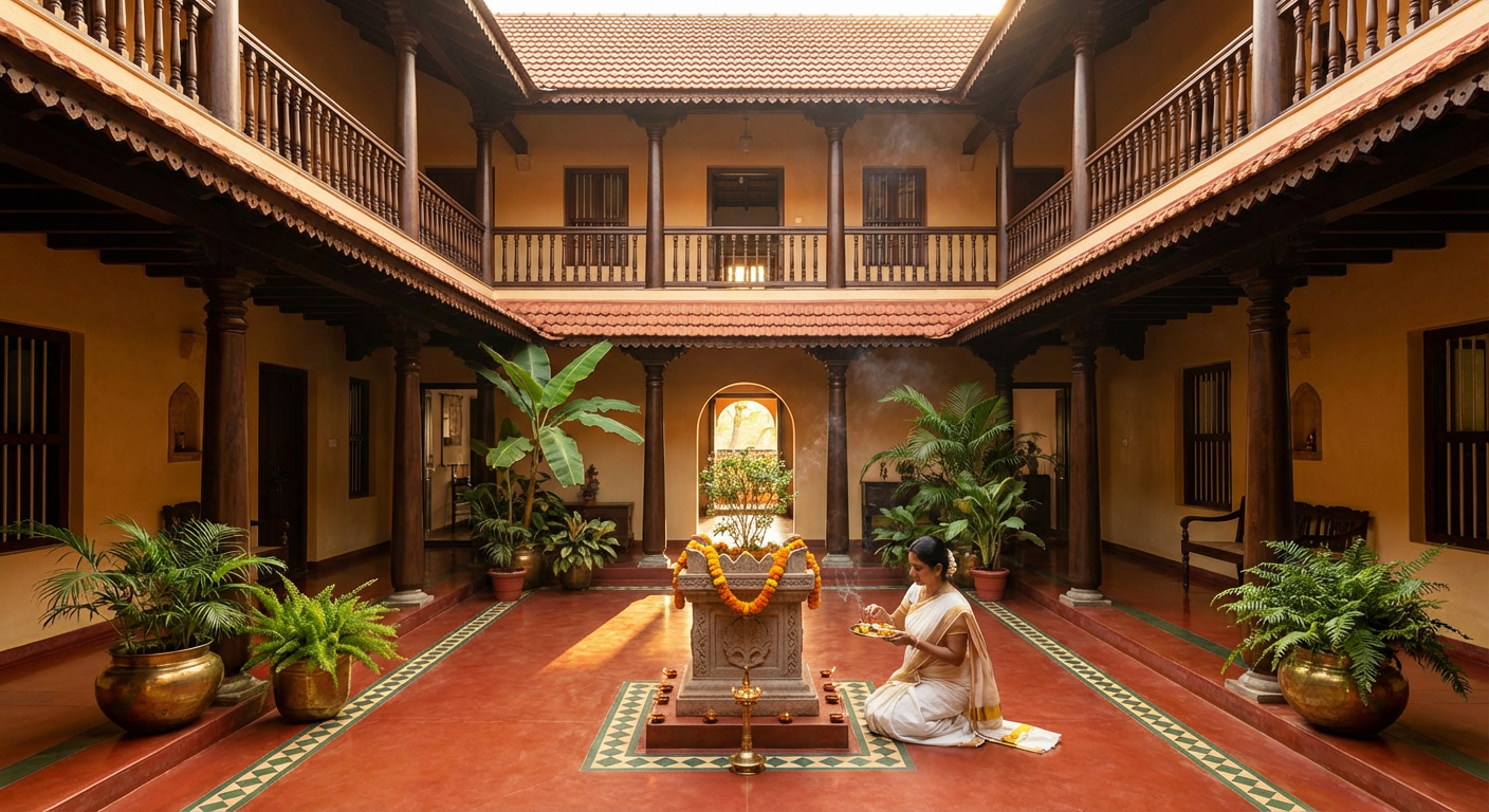 Central courtyard open to the sky with a Tulsi Vrindavan at centre
