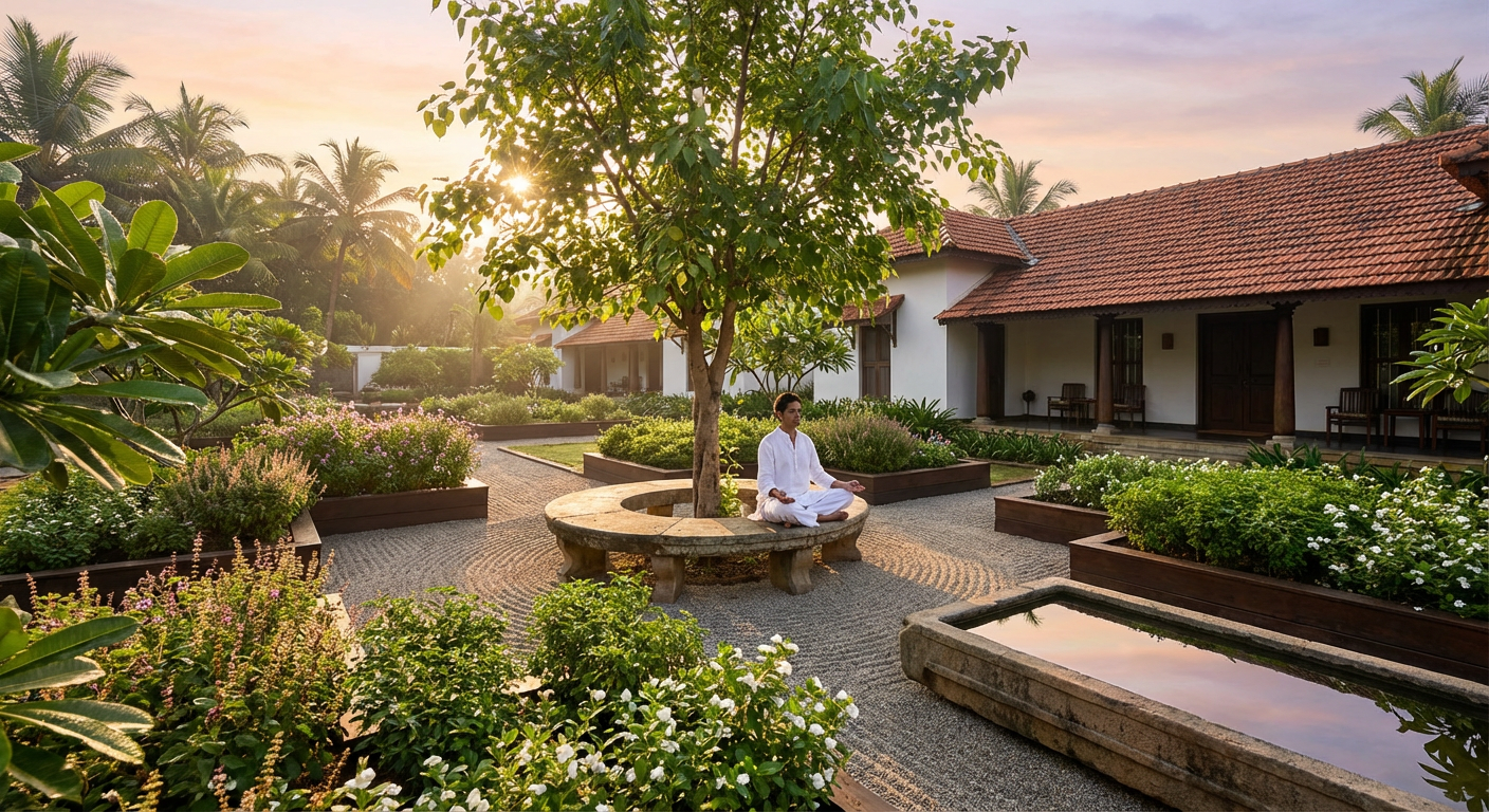 The garden with tulsi, jasmine, and stone kund