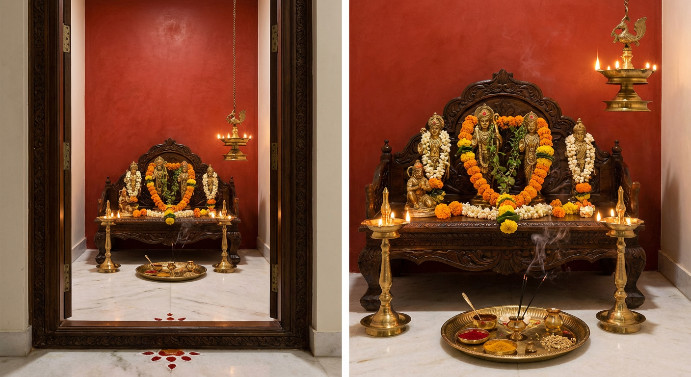 The puja room with oil lamps and Ram Parivar